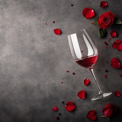 Elegant arrangement of wine glass with pink rose petals and fresh roses on dark surface