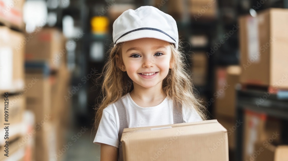 Poster a smiling child in a cap holds a box in a warehouse filled with packages.