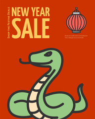 Sale and Happy Chinese New Year of Green Wooden Snake Concept Vertical Invitation Placard Poster Banner Card Template. Vector illustration