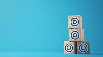 Aiming for progress through goal setting reaching new heights Symbols representing targets on stacked cubes against a blue backdrop with a copy space image