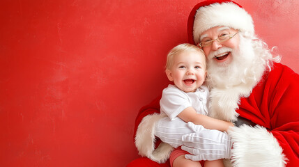 Fototapeta premium Santa Claus shares joy with a happy child during the holidays