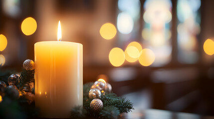Burning Candle in Church with Blurred Background