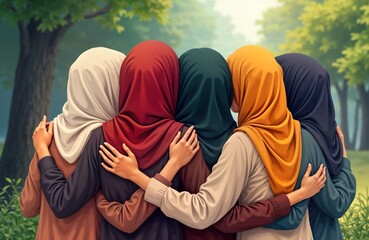 Multiracial women hug outdoors. Group embraces friendship. Diverse friends show unity. Feminine group enjoys togetherness. Back view of young girls. Happy female community.