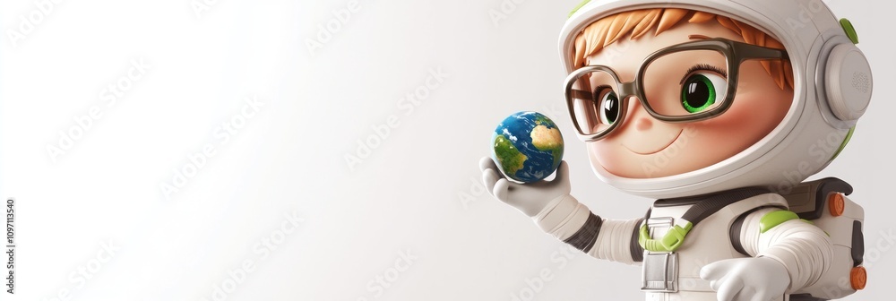 Aufkleber a cheerful child in a spacesuit holding a globe, symbolizing exploration and environmental awareness