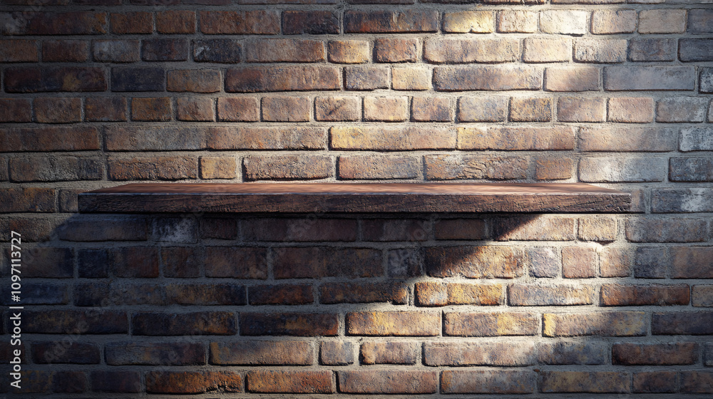 Aufkleber products on empty wooden shelf with brick wall background and play of light and shadows