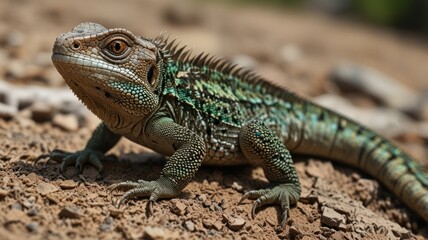 Fototapeta premium Close-up of a vibrant green lizard on dry ground, showcasing its detailed scales and alert expression.