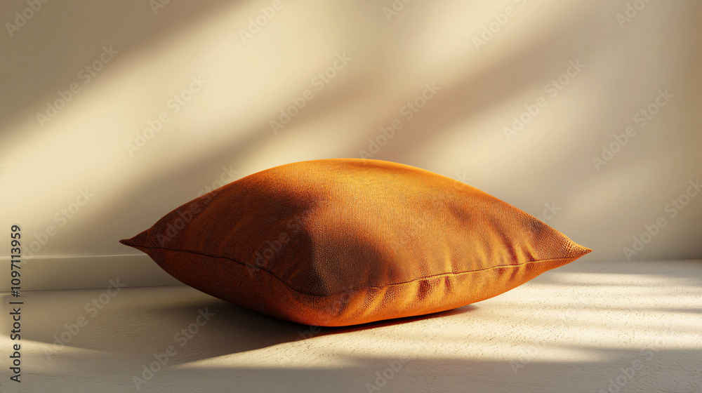 Poster sunlit orange pillow lies on the floor next to a wall, casting long shadows and creating a serene an
