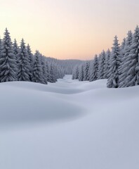 Snow-covered forest landscape at dusk with a tranquil atmosphere