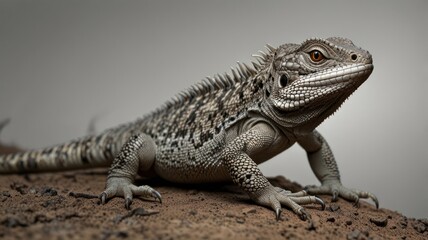 Obraz premium Close-up of a grey lizard on brown ground.
