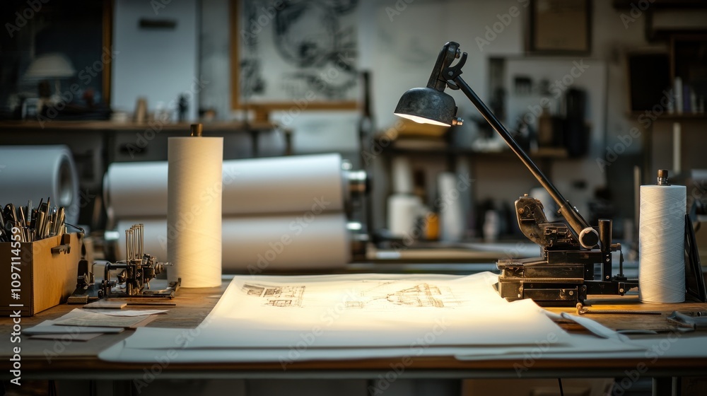 Poster Illuminated Workspace Showing Design Drawings And Printing Tools