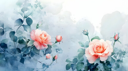 Fototapeta premium Delicate watercolor blooming roses with soft foliage against a gentle backdrop.illustration