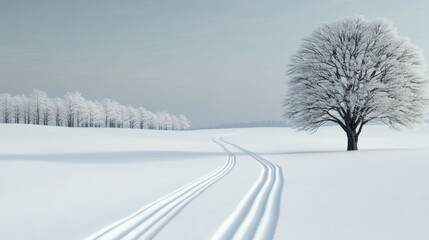 Obraz premium Snowy winter landscape with tree and tire tracks in serene setting