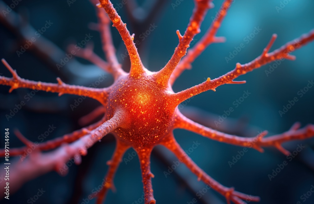 Poster vibrant neuron cell detailed anatomy image. nerve cell dendrites synapses connect. brain tissue biol