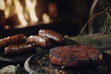 Plant-based meat alternatives in various forms, such as burgers and sausages, offering sustainable choices.