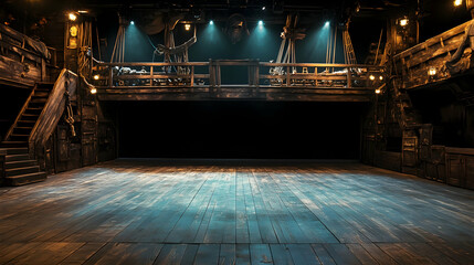 Empty pirate ship deck on a theater stage, evoking a nautical scene.illustration