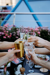 Friends toasting with drinks in a festive outdoor gathering, celebrating togetherness and joy