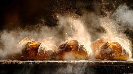 Golden loaves emerging from the oven with steam rising in a dance of heat and flour