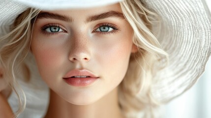 Fototapeta premium Elegant woman with light blonde hair and wide-brim hat in close-up