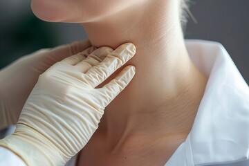 Doctor wearing gloves performing a physical exam to palpate the thyroid gland