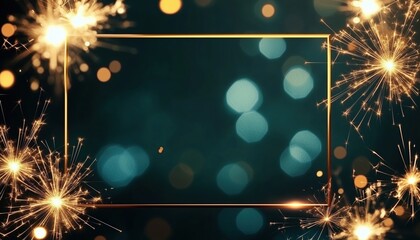 2025 New Year Celebration - Elegant Nighttime Party Invitation With Golden Frame, Sparkling Sparklers, And Bokeh Lights On Dark Texture