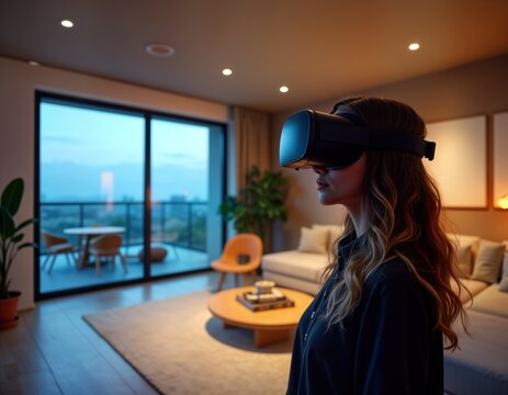 Woman uses VR headset. She explores virtual apartment interior design. Modern home decor. Stylish flat concept. Virtual reality tech. Room makeover. 3D model. Software renders new furniture.