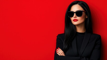 Woman in stylish sunglasses poses against a red background