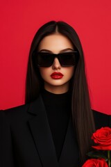 Elegant woman wearing sunglasses with red lips and a rose