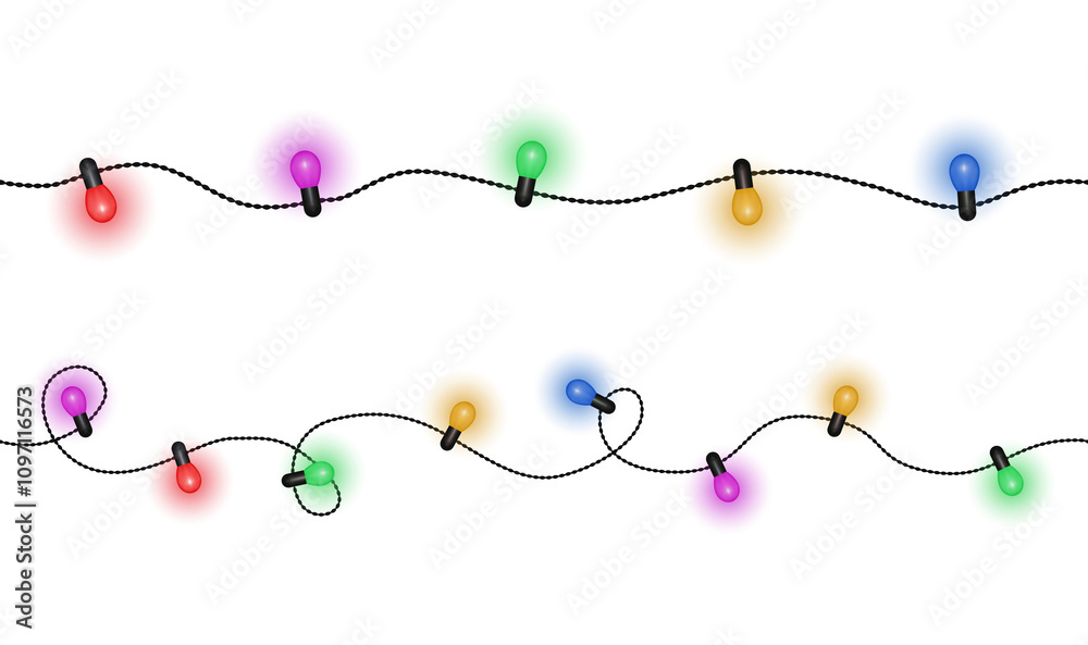 Wall mural realistic glowing colorful christmas lights in seamless pattern on transparent background