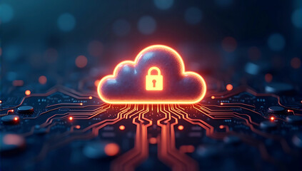 A conceptual image of a glowing cloud icon with a digital lock overlay, surrounded by circuits, symbolizing cloud security and encryption.