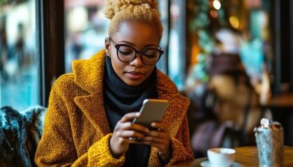 Woman In Business Engaging In Texting While Enjoying A Cup Of Coffee At A Cafe, Multitasking In A Professional Setting.
