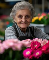 Elderly woman smiling among vibrant flowers in a market setting