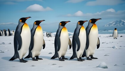 Fototapeta premium Un grupo de pingüinos rey parados en una playa nevada con un cielo azul de fondo