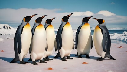 Fototapeta premium Un grupo de pingüinos rey parados en una playa nevada con un cielo azul de fondo