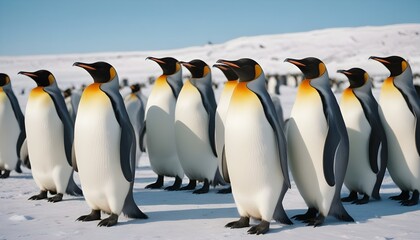 Obraz premium Un grupo de pingüinos rey parados en una playa nevada con un cielo azul de fondo
