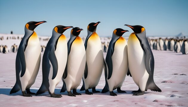 Un grupo de ping&uuml;inos rey parados en una playa nevada con un cielo azul de fondo
