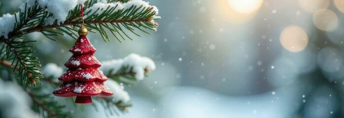 New Year's toy hangs on a fluffy snow-covered spruce branch on a light festive background with space for text. Banner, poster. Christmas atmosphere. Happy New Year. Merry Christmas