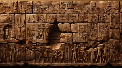 Ancient undeciphered symbols blending Sumerian, Babylonian, and Egyptian scripts on weathered stone...