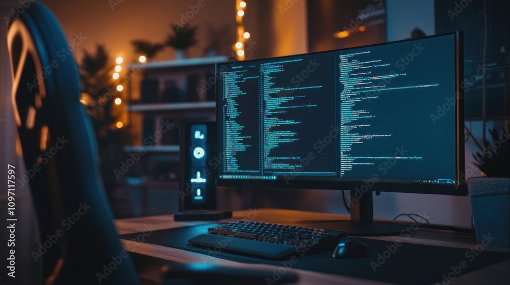 Fototapete Nighttime Programmer Coding On Modern Computer Setup