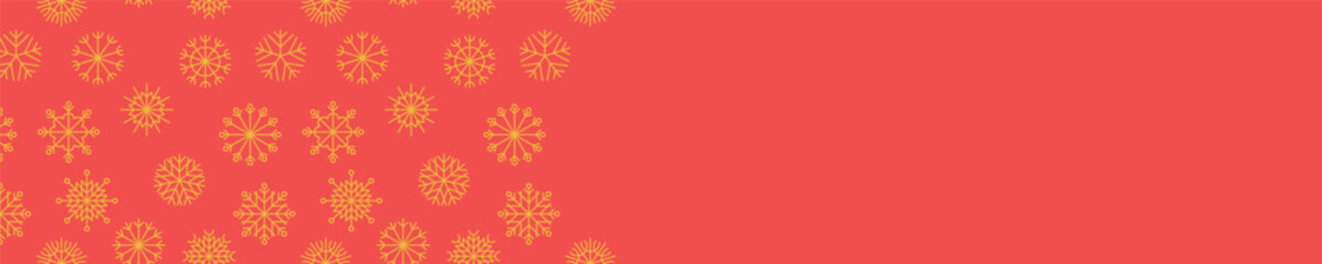 Horizontal Christmas banner with red background and yellow gold snowflakes seamless pattern.