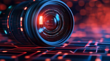 A cyberpunk-themed lens with abstract digital overlays and glowing elements, cyberpunk lens, futuristic vibes