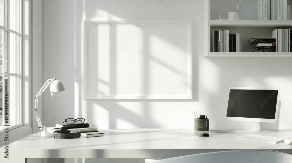 Poster minimalist white home office workspace design with blank frame