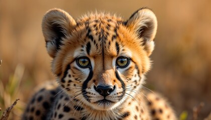 Obraz premium Close-up portrait of a cheetah cub with striking eyes and distinctive spotted fur in natural habitat