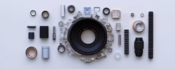 A disassembled lens with components arranged into a mandala-like pattern, lens mandala, creative geometry