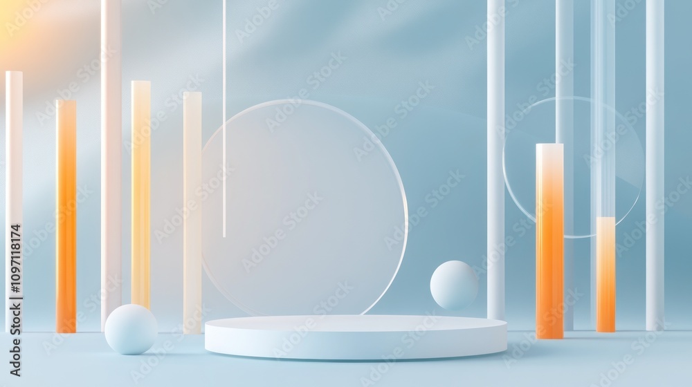 Poster a modern abstract scene with geometric shapes and soft colors, suitable for presentations.