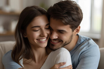Fototapeta premium Happy Young Couple Signing Away on the Sofa