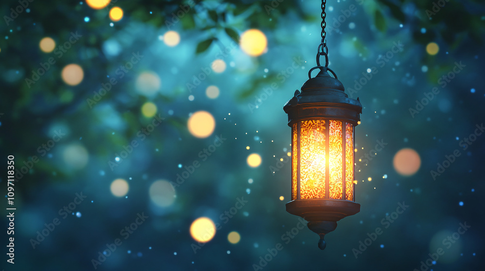 Poster ornate lantern casts a warm glow, illuminating an enchanting forest at night, creating a magical and