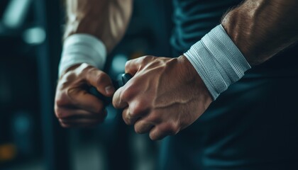 Unknown Man'S Hands Close Up: Putting On And Adjusting Wrap Bandages On Wrists For Powerlifting Bodybuilding Training Sport Equipment At The Gym.