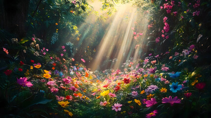 Sunlight filtering through forest leaves illuminates a carpet of wildflowers in vibrant hues