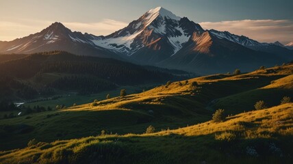 Fototapeta premium Majestic snow-capped mountains at sunset over rolling green hills.