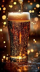 Craft beer poured into a glass with bubbles under warm lighting and blurred background